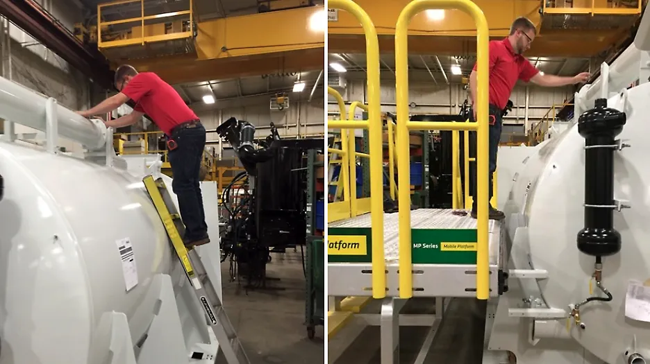 Installation of a RollaStep Mobile Work Platform for safe access to the top of a vessel.